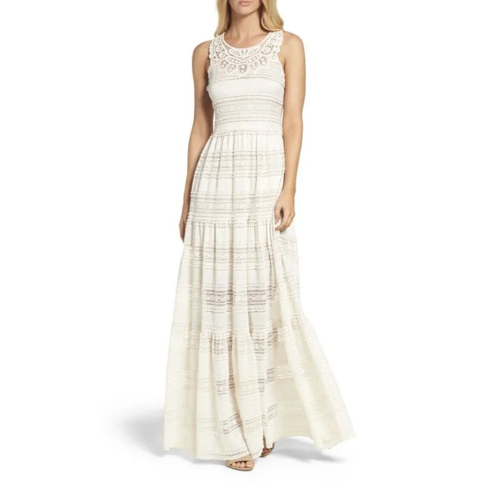 Eliza J Womens Lace Tiered Ivory Maxi Dress Boho Cottagecore Sz 12 - Picture 2 of 10